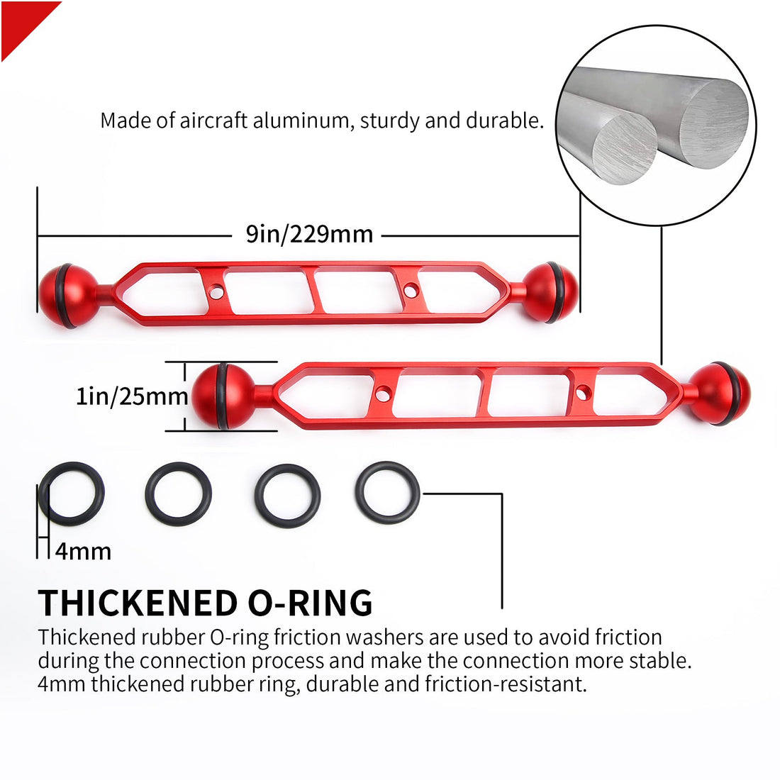 Sursnong 9" Aluminum Double Ball Extension Arm for Diving Light & Camera (2 Pack)